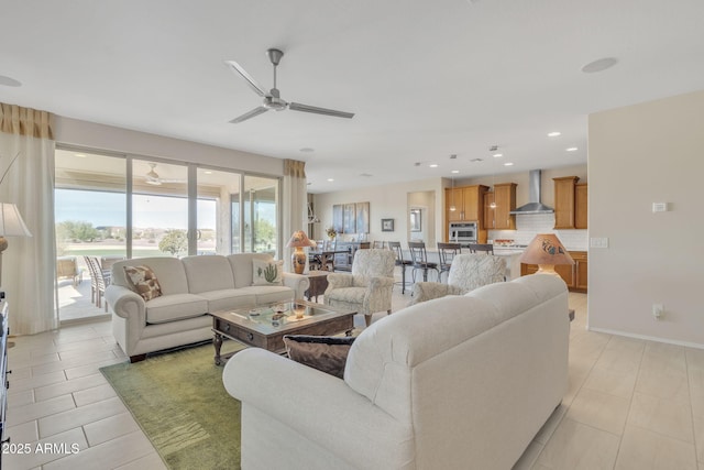 living room with ceiling fan