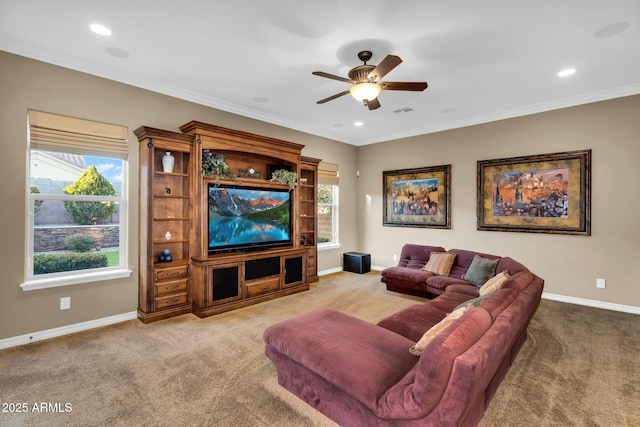 living room featuring ceiling fan, baseboards, ornamental molding, carpet floors, and recessed lighting