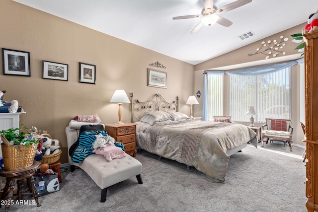 carpeted bedroom featuring ceiling fan and lofted ceiling