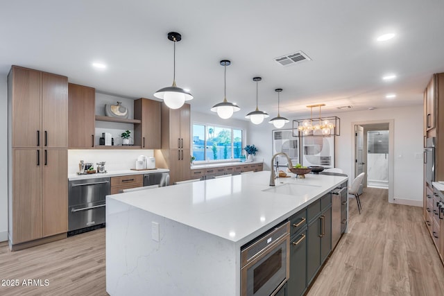 kitchen with appliances with stainless steel finishes, a sink, light wood-style floors, an island with sink, and visible vents