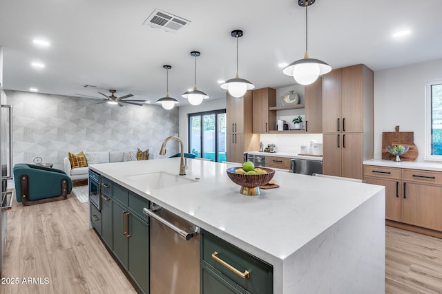 kitchen with a healthy amount of sunlight, visible vents, stainless steel dishwasher, open shelves, and a sink