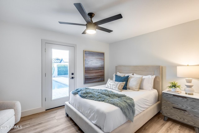 bedroom with a ceiling fan, baseboards, access to outside, and light wood finished floors