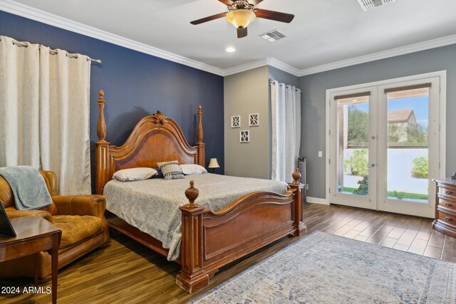 bedroom featuring multiple windows, hardwood / wood-style floors, access to exterior, and ceiling fan