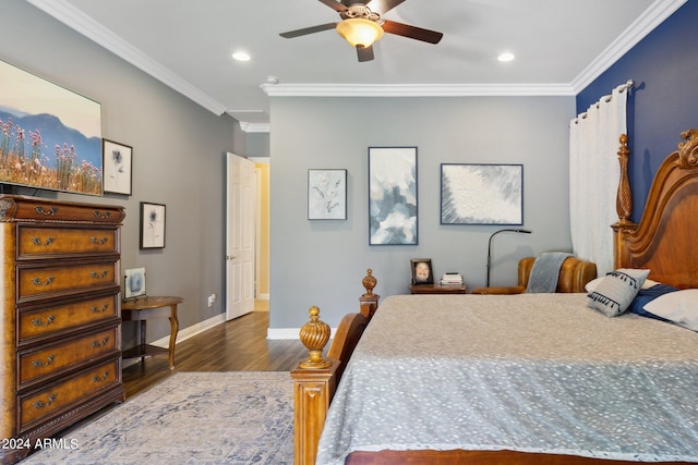 bedroom with crown molding, ceiling fan, and dark hardwood / wood-style flooring