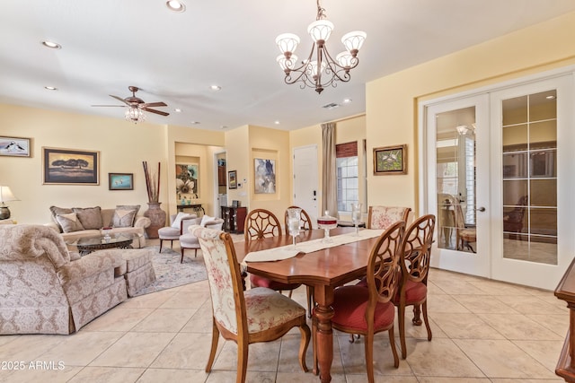 dining space featuring light tile patterned floors, french doors, and recessed lighting