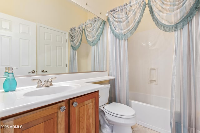 full bath with toilet, shower / tub combo, tile patterned flooring, and vanity