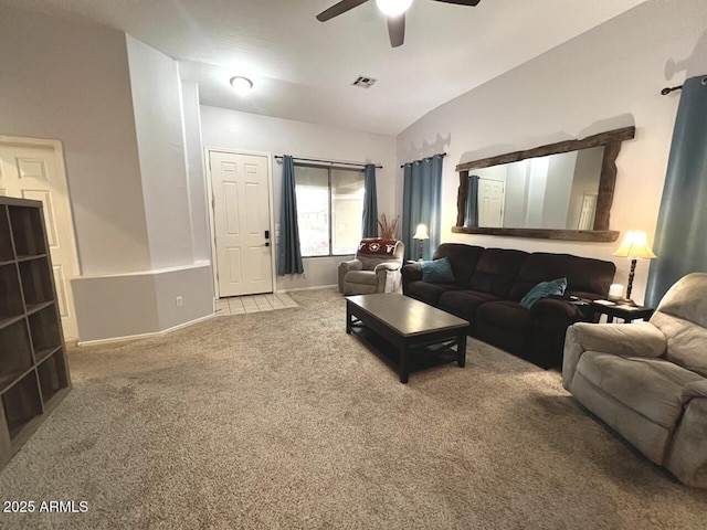 living room featuring lofted ceiling, ceiling fan, carpet flooring, visible vents, and baseboards