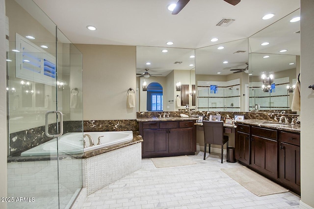 full bath with a ceiling fan, visible vents, a garden tub, and a stall shower