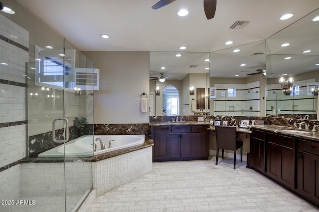 18515 N 97th Way, Scottsdale, AZ 85255 - bathroom featuring a ceiling fan, recessed lighting, a stall shower, and a bath