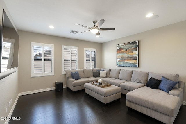 18515 N 97th Way, Scottsdale, AZ 85255 - living area with a ceiling fan, baseboards, dark wood-style flooring, healthy amount of natural light, and recessed lighting