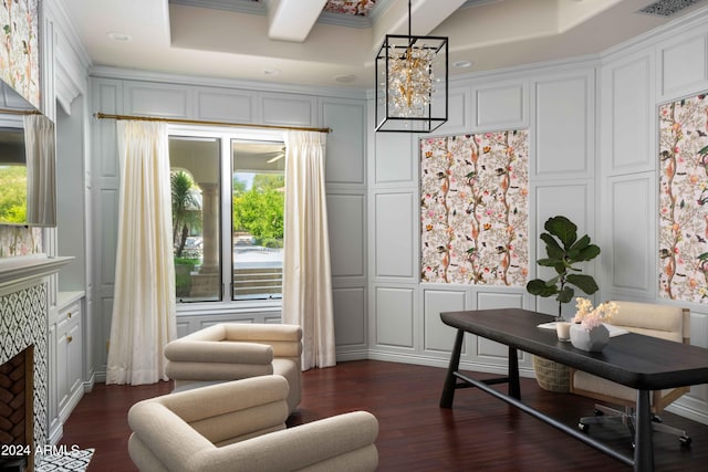 sitting room featuring a chandelier, plenty of natural light, dark hardwood / wood-style flooring, and ornamental molding