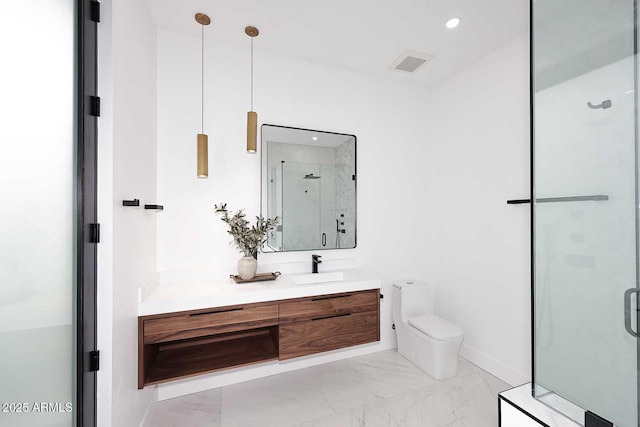 bathroom with marble finish floor, visible vents, toilet, vanity, and a shower stall