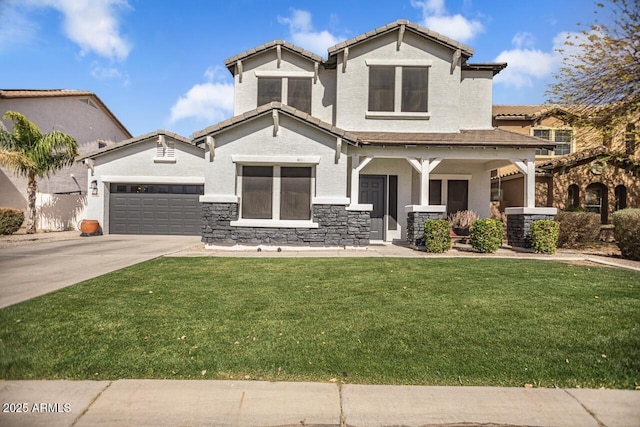 view of front of home with driveway, stone siding, a garage, and a front yard