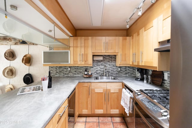 kitchen with stainless steel appliances, sink, tasteful backsplash, track lighting, and light brown cabinetry