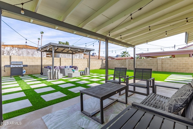 view of patio featuring an outdoor hangout area and a grill