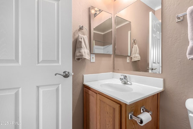 bathroom with toilet, a textured wall, and vanity