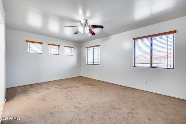 empty room featuring ceiling fan, plenty of natural light, and carpet