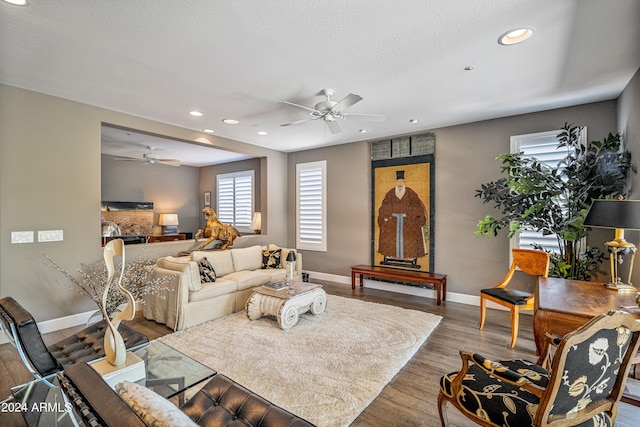 living room with ceiling fan and wood-type flooring