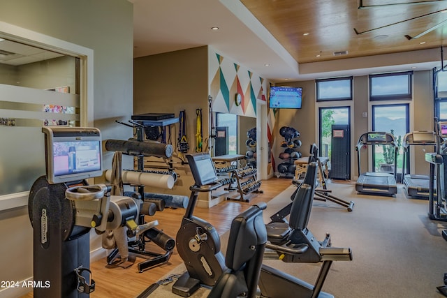 workout area with hardwood / wood-style flooring and a raised ceiling