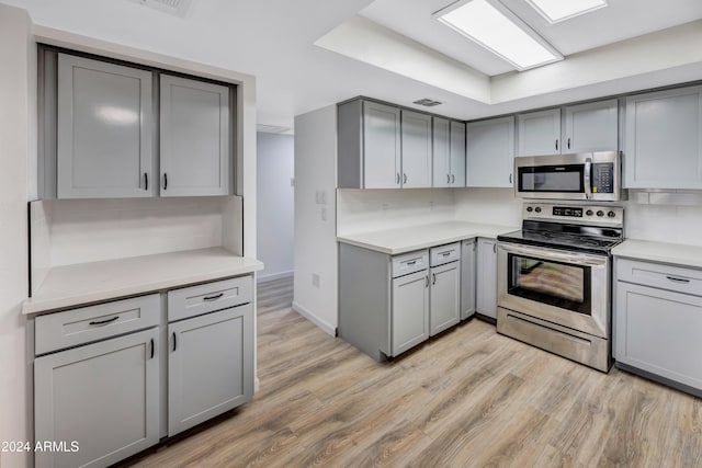 kitchen featuring appliances with stainless steel finishes, decorative backsplash, gray cabinetry, and light hardwood / wood-style floors