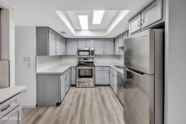 kitchen featuring sink, light wood-type flooring, a tray ceiling, stainless steel appliances, and gray cabinets