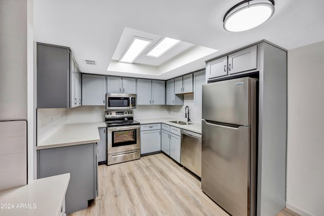 kitchen featuring light hardwood / wood-style floors, appliances with stainless steel finishes, sink, and gray cabinets