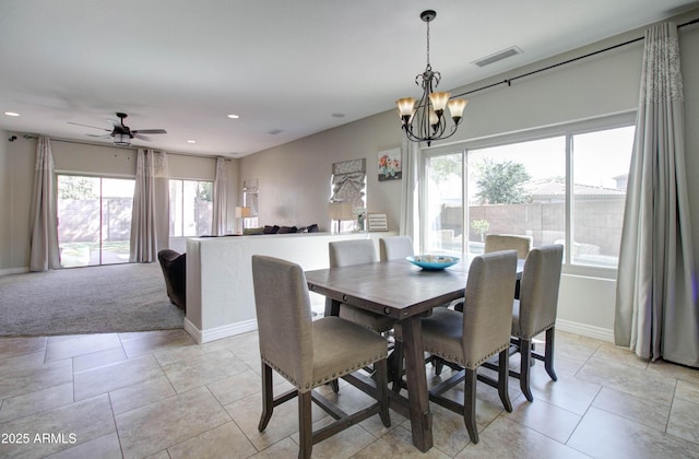 10402 E Javelina Ave, Mesa, AZ 85209 - dining space with a chandelier, a ceiling fan, baseboards, and recessed lighting