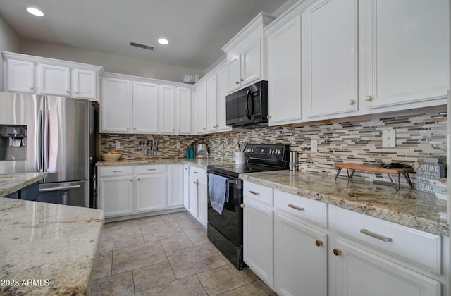 10402 E Javelina Ave, Mesa, AZ 85209 - kitchen featuring black appliances, white cabinetry, backsplash, light stone counters, and recessed lighting