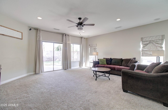 10402 E Javelina Ave, Mesa, AZ 85209 - living area featuring recessed lighting, a ceiling fan, carpet floors, and baseboards