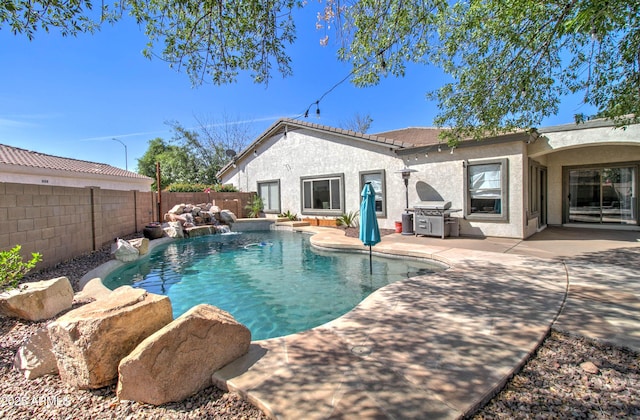 10402 E Javelina Ave, Mesa, AZ 85209 - view of swimming pool featuring area for grilling, a fenced backyard, and a patio area