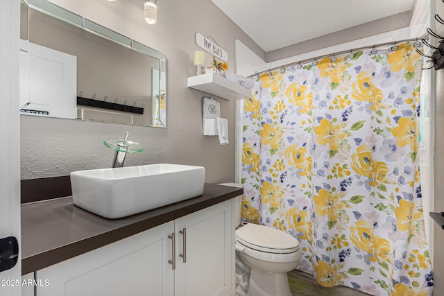 full bath featuring toilet, a textured wall, vanity, and a shower with curtain