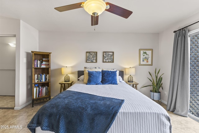 bedroom with baseboards, ceiling fan, and tile patterned floors