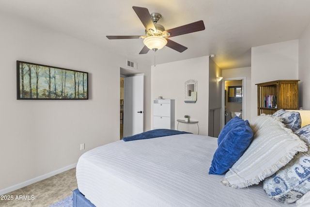 bedroom featuring light tile patterned floors, baseboards, ceiling fan, and visible vents