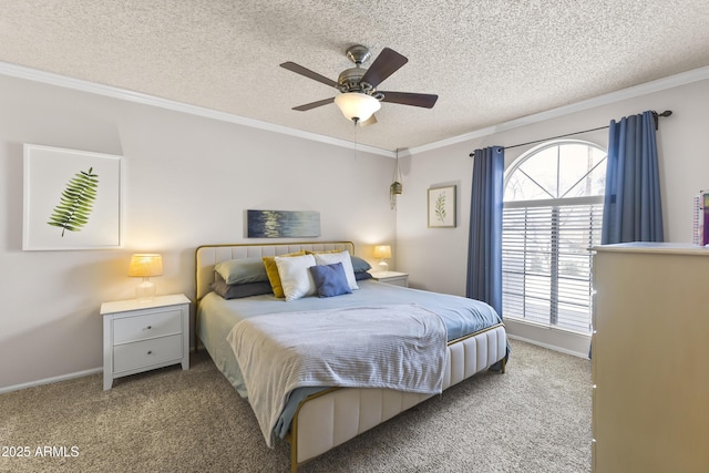 bedroom with ornamental molding, baseboards, a textured ceiling, carpet floors, and ceiling fan