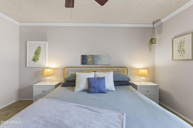 bedroom featuring crown molding, carpet, and a textured ceiling