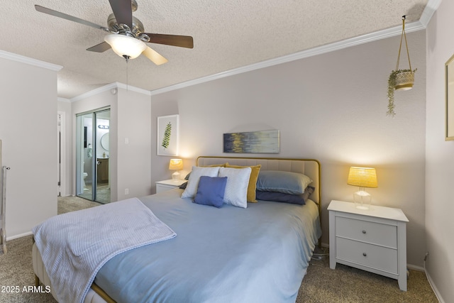 carpeted bedroom with baseboards, crown molding, a closet, and a textured ceiling