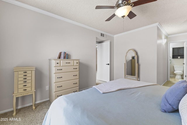 bedroom featuring crown molding, baseboards, a textured ceiling, visible vents, and light carpet