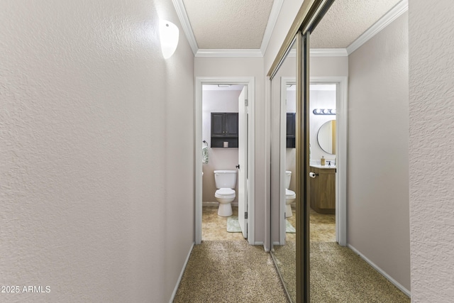 corridor featuring crown molding, carpet floors, a textured ceiling, baseboards, and a textured wall