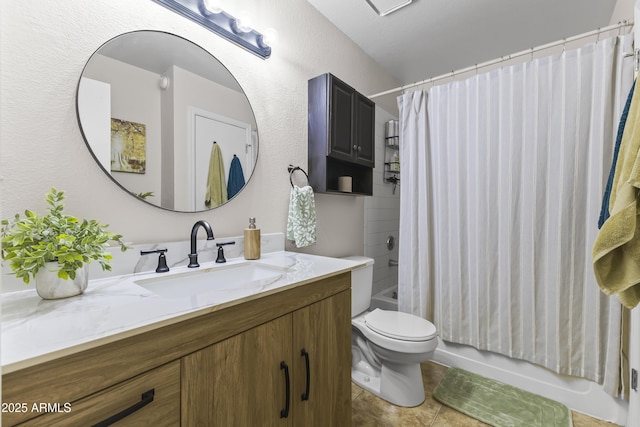 full bath with toilet, shower / bath combo with shower curtain, tile patterned floors, and vanity