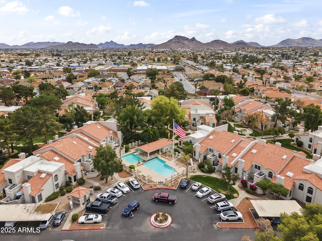 drone / aerial view with a mountain view and a residential view
