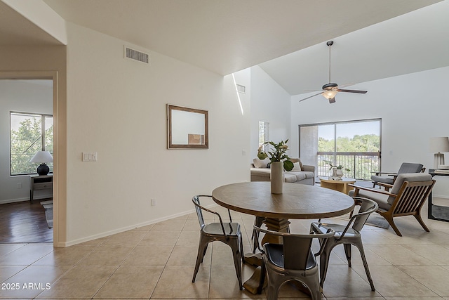 205 N 74th St Unit 261, Mesa, AZ 85207 - dining space featuring ceiling fan, plenty of natural light, high vaulted ceiling, and light tile patterned flooring
