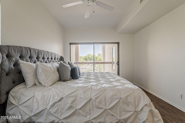 205 N 74th St Unit 261, Mesa, AZ 85207 - bedroom featuring access to outside, dark wood-style flooring, and a ceiling fan