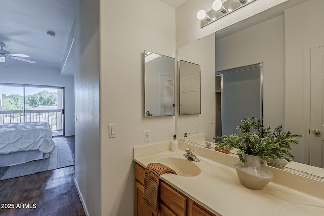 205 N 74th St Unit 261, Mesa, AZ 85207 - bathroom with vanity, a ceiling fan, wood finished floors, and ensuite bath