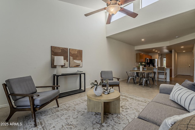 205 N 74th St Unit 261, Mesa, AZ 85207 - living room with light tile patterned flooring, a ceiling fan, a towering ceiling, and recessed lighting