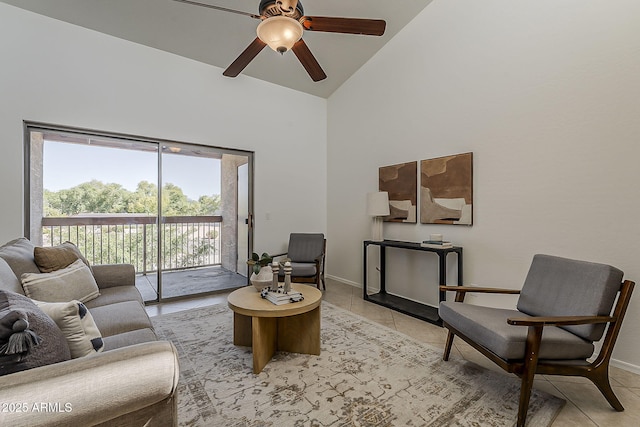205 N 74th St Unit 261, Mesa, AZ 85207 - living room with high vaulted ceiling, ceiling fan, and light tile patterned floors