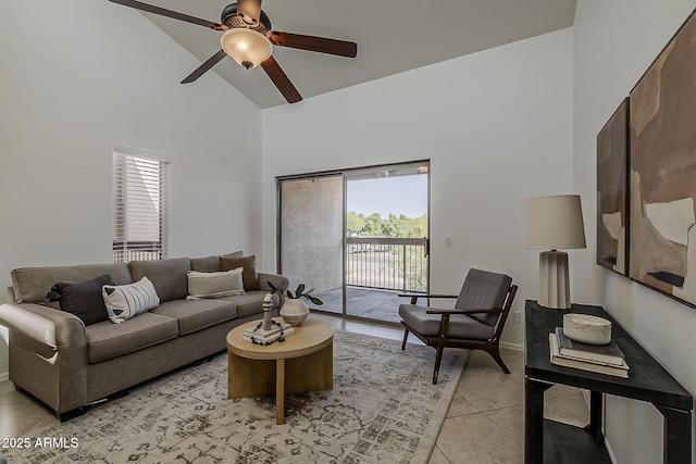 205 N 74th St Unit 261, Mesa, AZ 85207 - living room featuring light tile patterned flooring, high vaulted ceiling, plenty of natural light, and ceiling fan