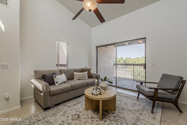 205 N 74th St Unit 261, Mesa, AZ 85207 - living room featuring light tile patterned floors, high vaulted ceiling, and ceiling fan