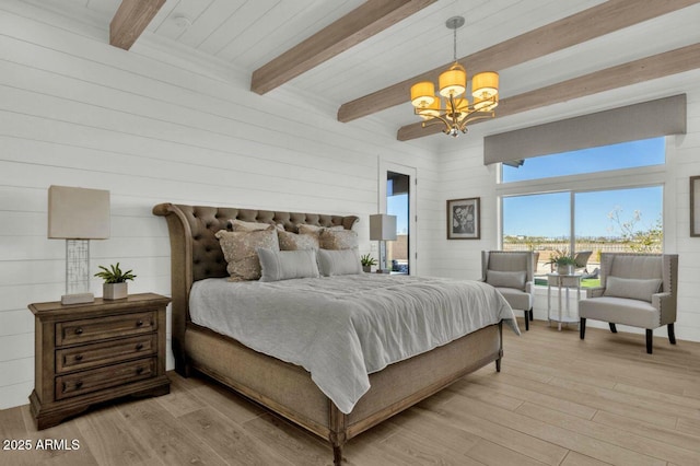5756 E Star Valley St, Mesa, AZ 85215 - bedroom featuring light wood-style floors, wood walls, beam ceiling, and a notable chandelier