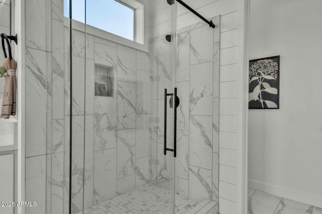 5756 E Star Valley St, Mesa, AZ 85215 - full bathroom featuring a marble finish shower, baseboards, and marble finish floor