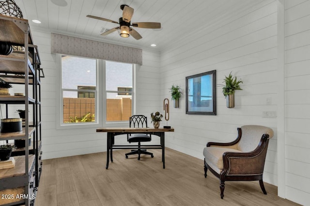 5756 E Star Valley St, Mesa, AZ 85215 - office area featuring recessed lighting, a ceiling fan, wood finished floors, and wooden walls